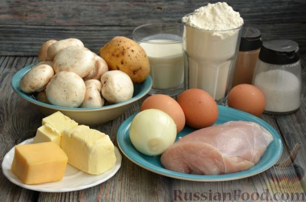 Киш с индейкой, грибами и картофелем