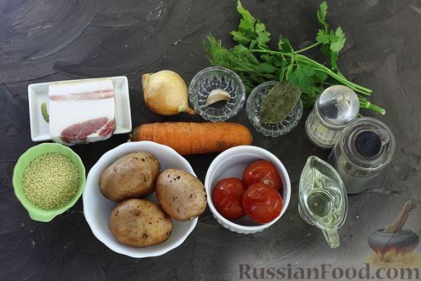 Суп с кускусом, беконом и помидорами