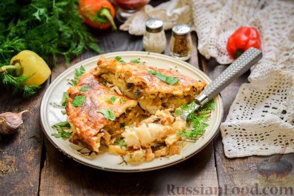 Рыбная запеканка с грибами и сметанно-сырной заливкой