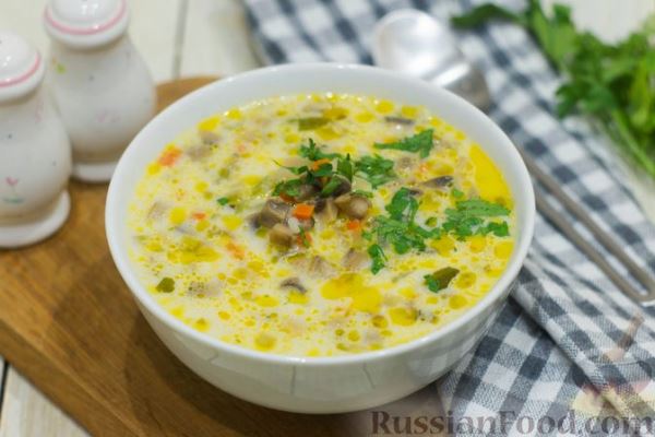 Сливочный суп с рисом,  грибами и сельдереем