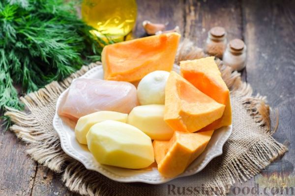 Жареная картошка с тыквой и курицей