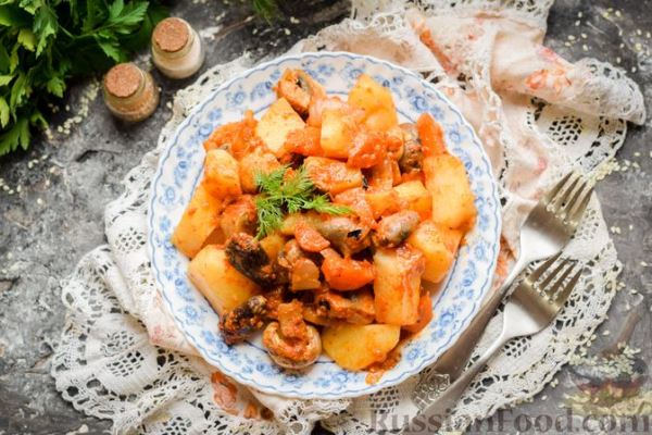 Картошка с грибами и куриными сердечками (в рукаве)
