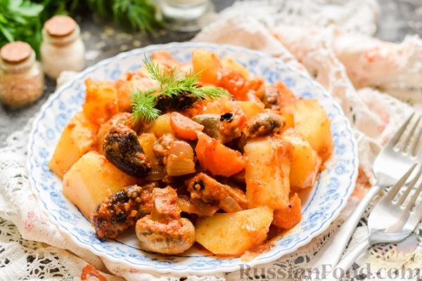 Картошка с грибами и куриными сердечками (в рукаве)