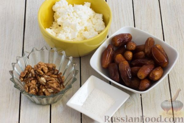 Финики, фаршированные творогом, грецкими орехами и кокосовой стружкой