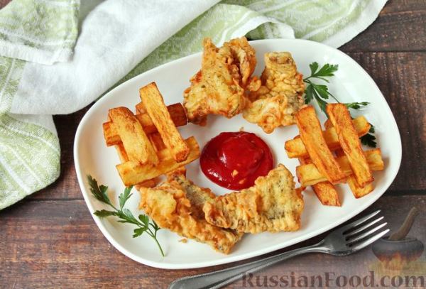 Жареная рыба в пивном кляре с картофелем фри (фиш-энд-чипс)