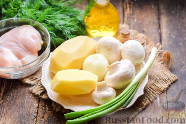 Жареная картошка с грибами и курицей