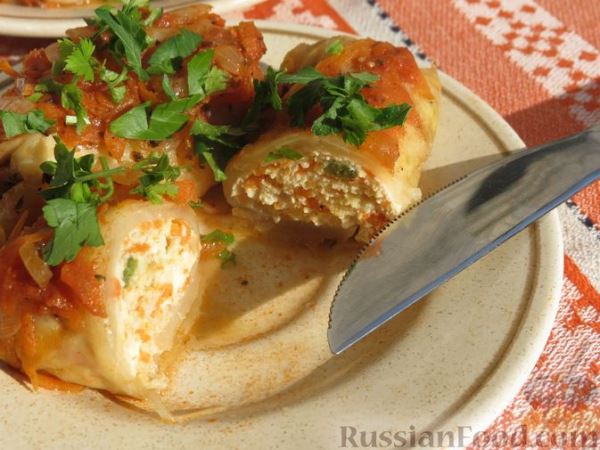Голубцы с курицей, овсянкой и стручковой фасолью, в томатном соусе