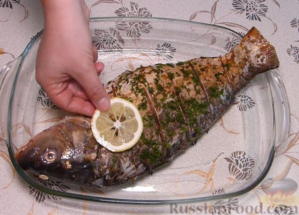 Карп, запечённый с морковью, луком и маринованными огурцами