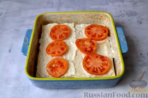 Лазанья с рыбой, помидорами и сыром
