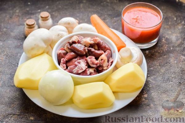 Картошка с грибами и куриными сердечками (в рукаве)