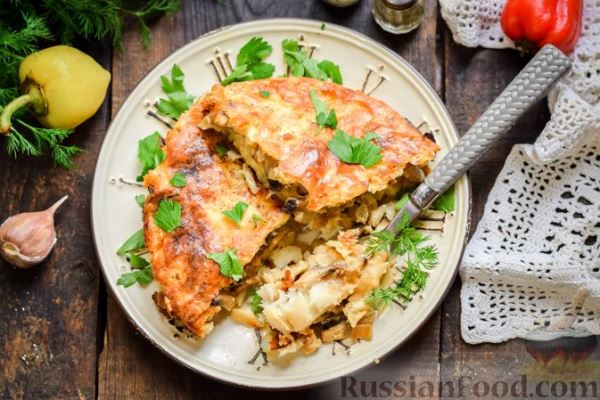 Рыбная запеканка с грибами и сметанно-сырной заливкой