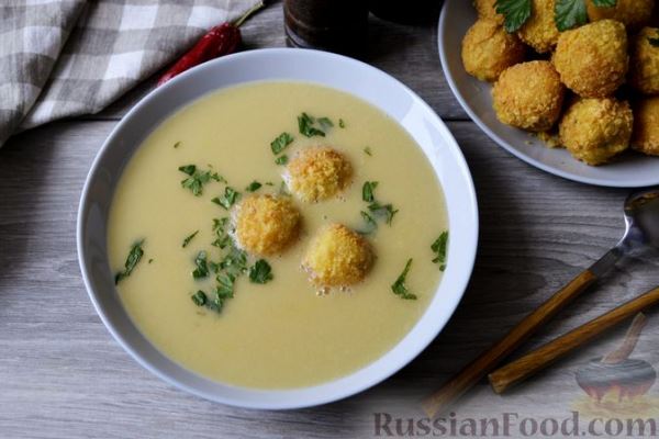 Крем-суп из кукурузы и капусты с картофельными крокетами