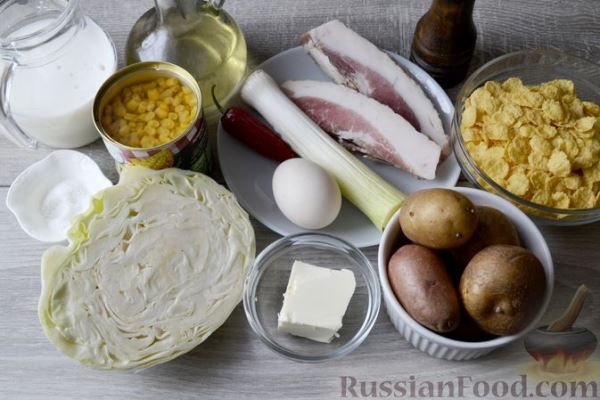 Крем-суп из кукурузы и капусты с картофельными крокетами